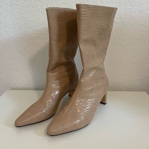 Croc-Embossed Mid-Calf Heeled Boots in Taupe